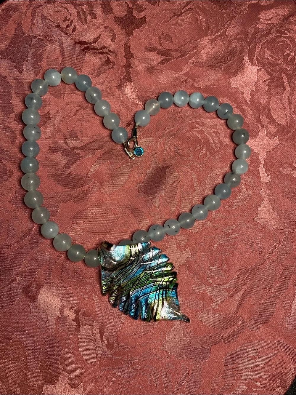 Blue Beaded Necklace with Dichroic Glass Leaf Pendant